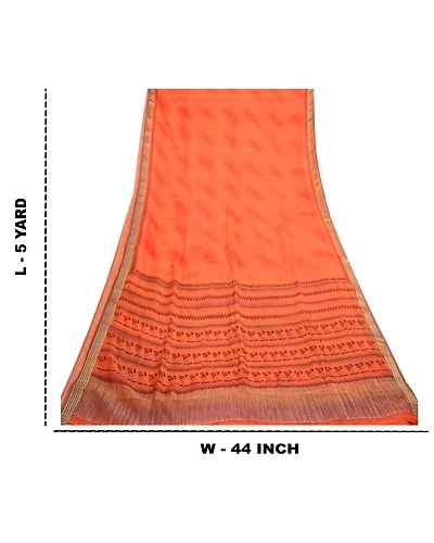 Sanskriti Vintage Sarees Orange Pure Chiffon Silk Sari Zari Printed Craft Fabric, PRG-122-Orange-Printed Work-Pure Chiffon Silk-3