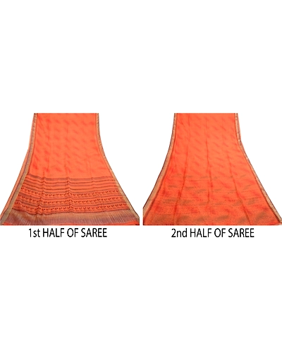 Sanskriti Vintage Sarees Orange Pure Chiffon Silk Sari Zari Printed Craft Fabric, PRG-122-Orange-Printed Work-Pure Chiffon Silk-5