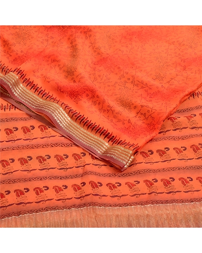 Sanskriti Vintage Sarees Orange Pure Chiffon Silk Sari Zari Printed Craft Fabric, PRG-122-Orange-Printed Work-Pure Chiffon Silk-7