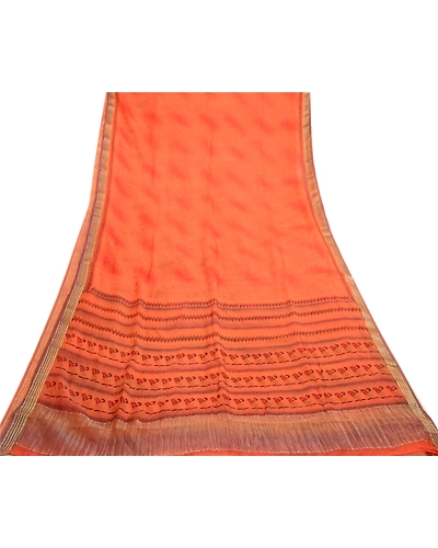 Sanskriti Vintage Sarees Orange Pure Chiffon Silk Sari Zari Printed Craft Fabric, PRG-122-Orange-Printed Work-Pure Chiffon Silk-8