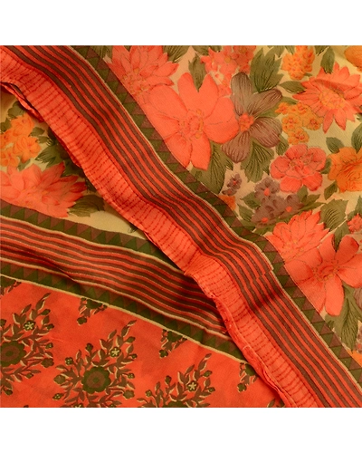 Sanskriti Vintage Sarees Indian Pure Georgette Silk Printed Sari Craft Fabric, PRG-1272-Multi-Printed Floral &amp; Abstract Design-Pure Georgette Silk-1