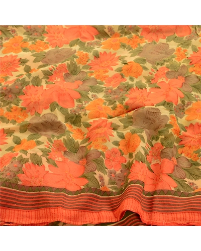 Sanskriti Vintage Sarees Indian Pure Georgette Silk Printed Sari Craft Fabric, PRG-1272-Multi-Printed Floral &amp; Abstract Design-Pure Georgette Silk-6