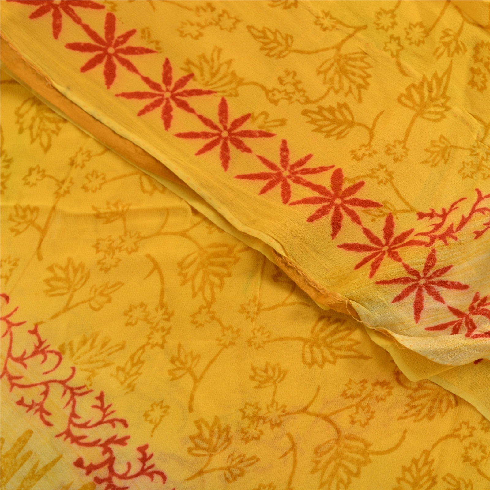 Sanskriti Vintage Yellow Indian Sarees Printed Blend Georgette Sari Craft Fabric, PRG-1434-Yellow-Printed Floral Design-Blend Georgette-1