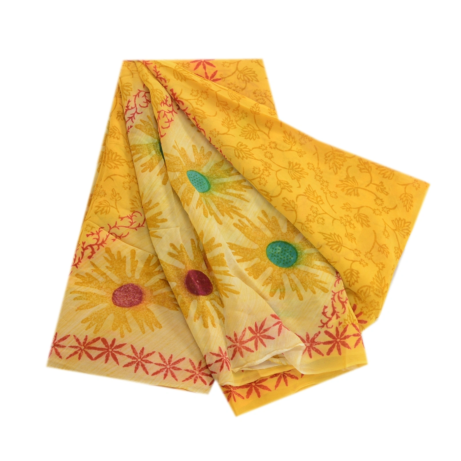 Sanskriti Vintage Yellow Indian Sarees Printed Blend Georgette Sari Craft Fabric, PRG-1434-Yellow-Printed Floral Design-Blend Georgette-2