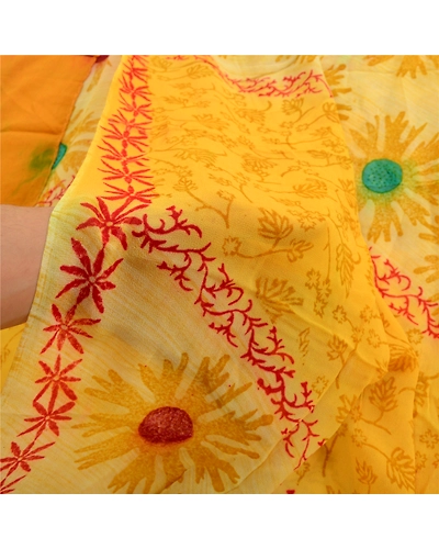 Sanskriti Vintage Yellow Indian Sarees Printed Blend Georgette Sari Craft Fabric, PRG-1434-Yellow-Printed Floral Design-Blend Georgette-4