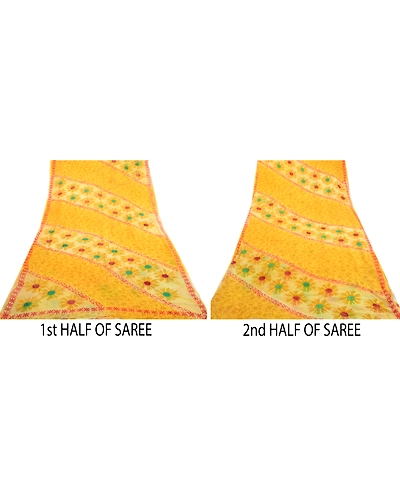 Sanskriti Vintage Yellow Indian Sarees Printed Blend Georgette Sari Craft Fabric, PRG-1434-Yellow-Printed Floral Design-Blend Georgette-5