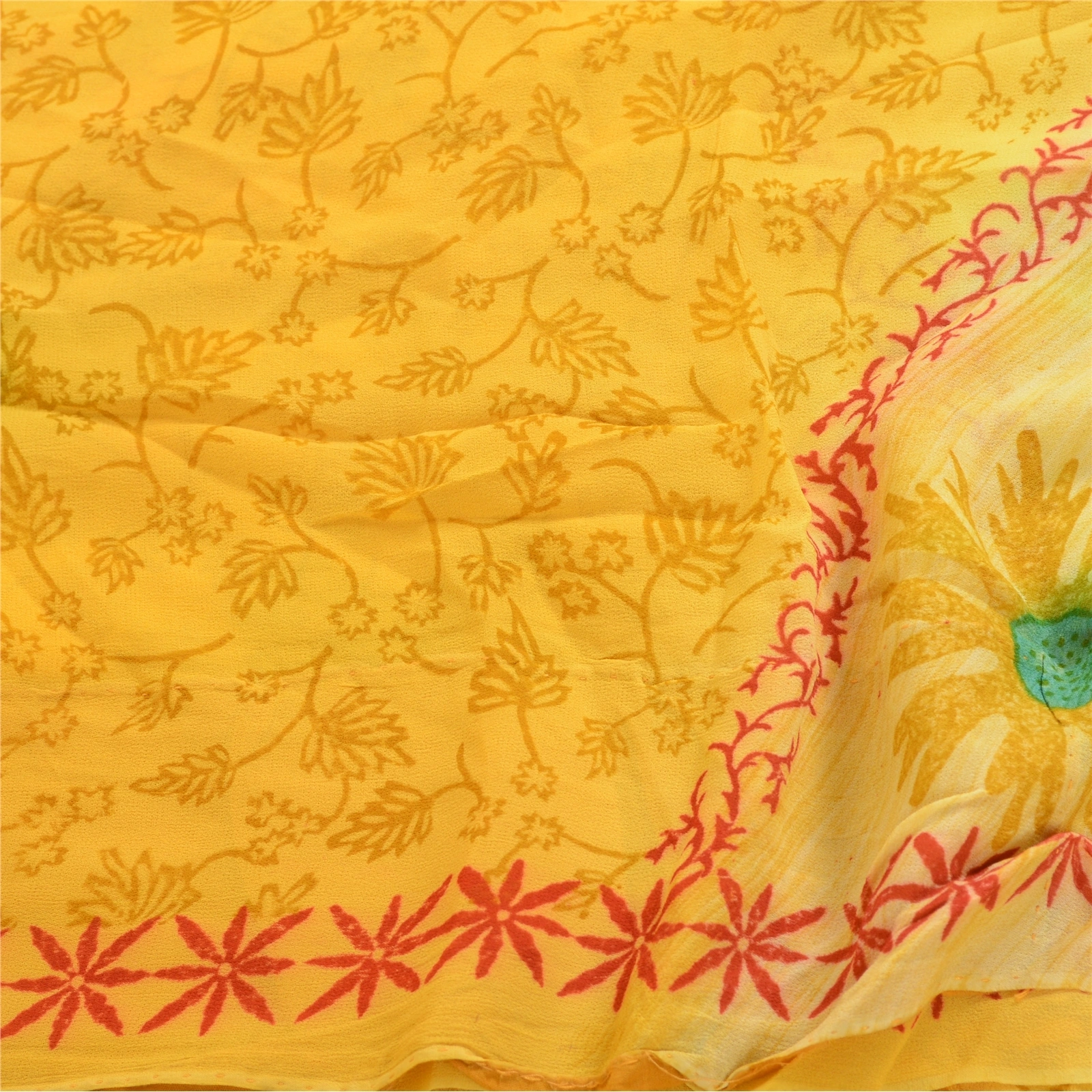 Sanskriti Vintage Yellow Indian Sarees Printed Blend Georgette Sari Craft Fabric, PRG-1434-Yellow-Printed Floral Design-Blend Georgette-6