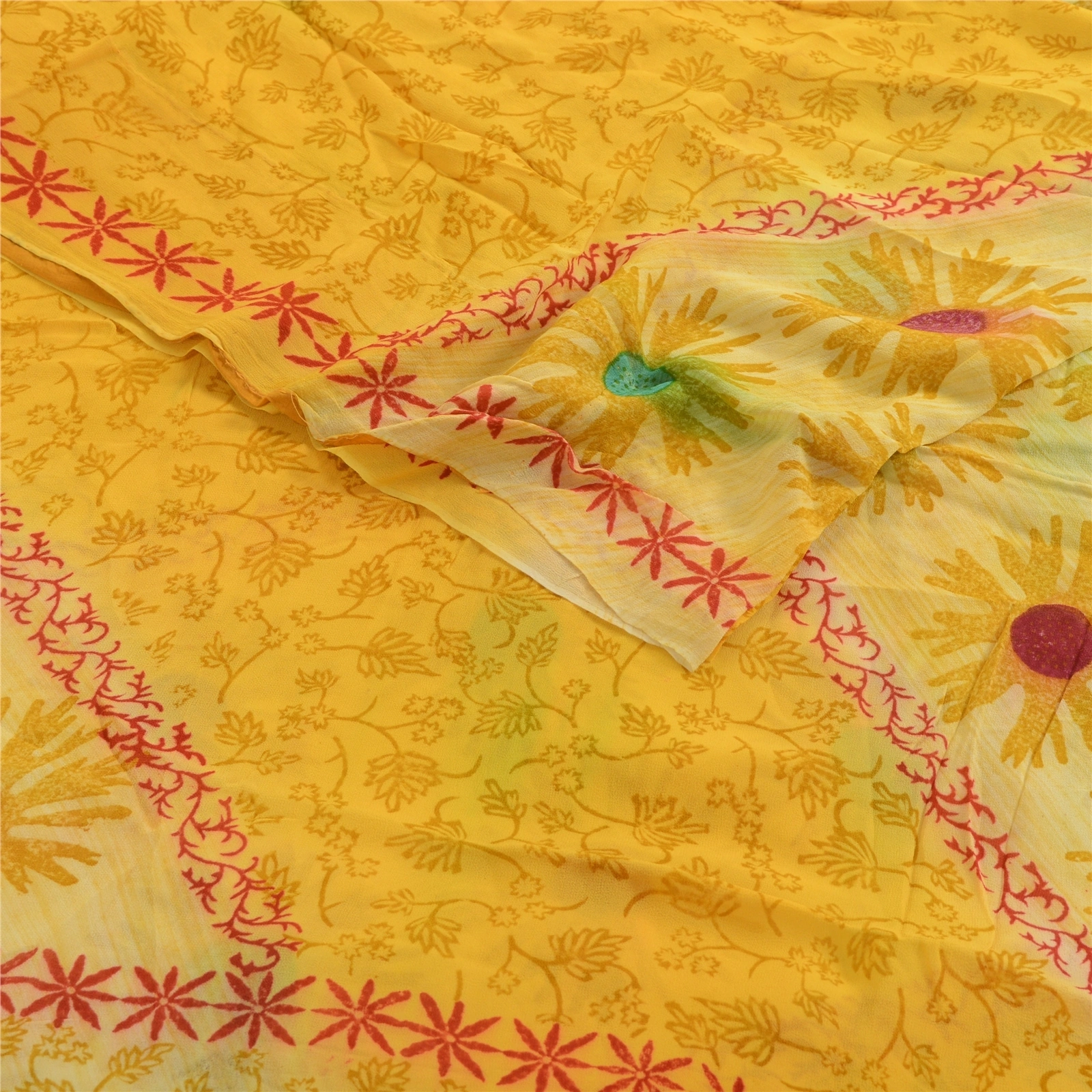 Sanskriti Vintage Yellow Indian Sarees Printed Blend Georgette Sari Craft Fabric, PRG-1434-Yellow-Printed Floral Design-Blend Georgette-7