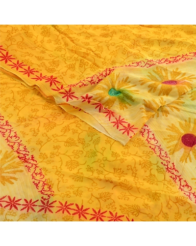 Sanskriti Vintage Yellow Indian Sarees Printed Blend Georgette Sari Craft Fabric, PRG-1434-Yellow-Printed Floral Design-Blend Georgette-7