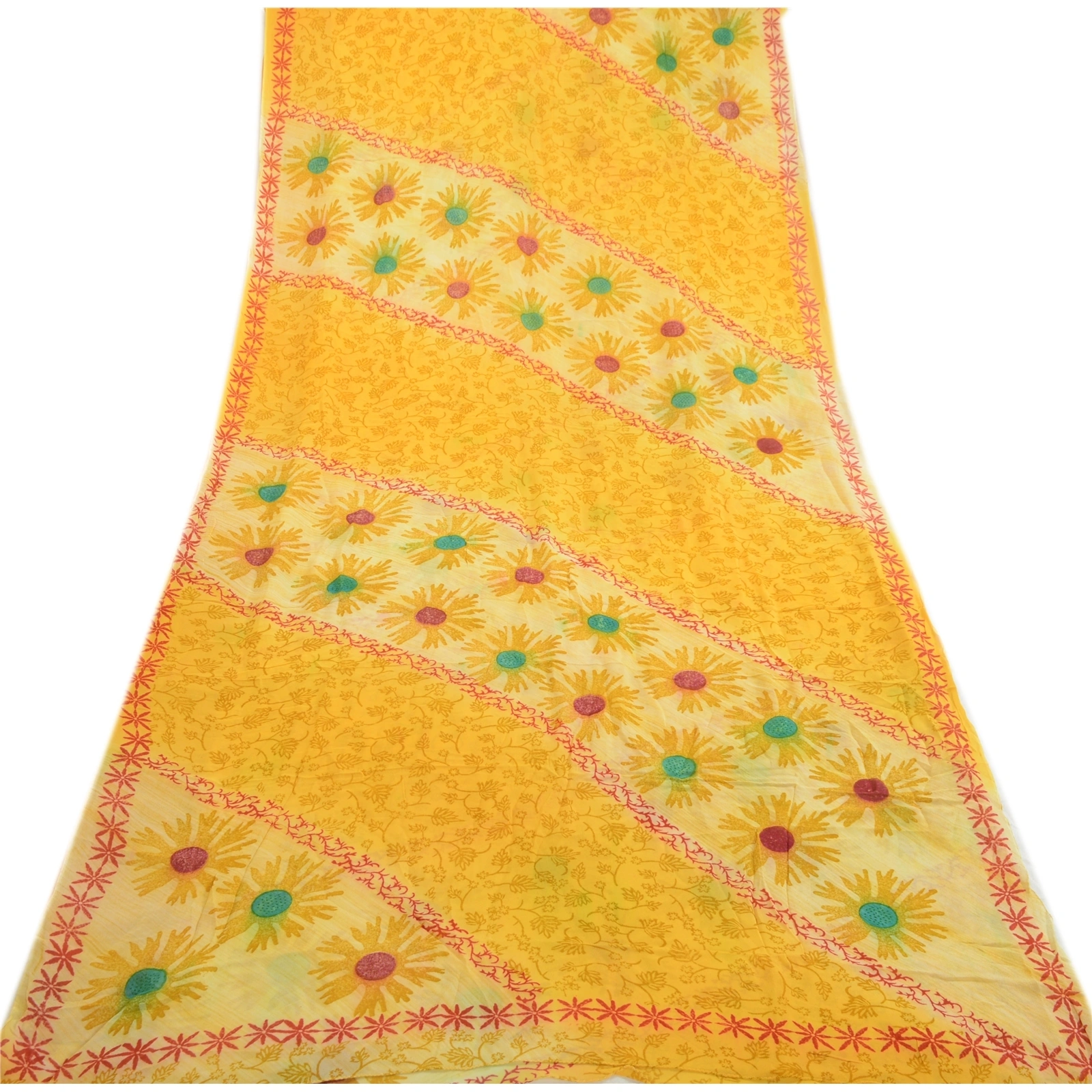 Sanskriti Vintage Yellow Indian Sarees Printed Blend Georgette Sari Craft Fabric, PRG-1434-Yellow-Printed Floral Design-Blend Georgette-8