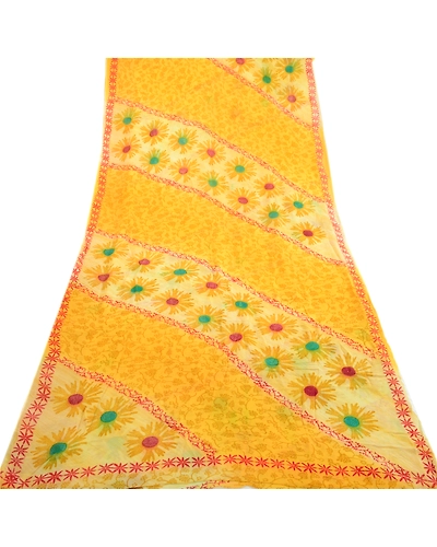 Sanskriti Vintage Yellow Indian Sarees Printed Blend Georgette Sari Craft Fabric, PRG-1434-Yellow-Printed Floral Design-Blend Georgette-8