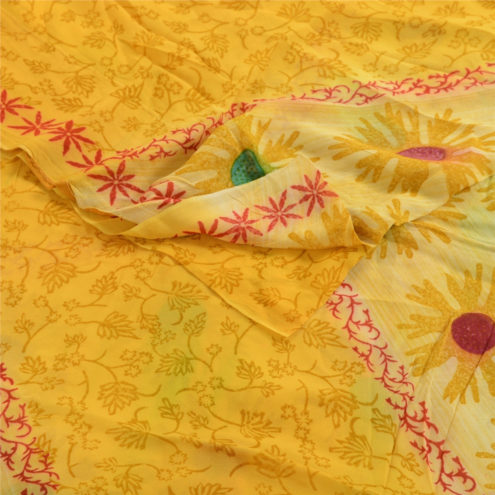 Sanskriti Vintage Yellow Indian Sarees Printed Blend Georgette Sari Craft Fabric, PRG-1434-Yellow-Printed Floral Design-Blend Georgette-9