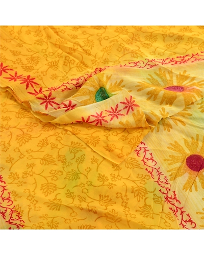 Sanskriti Vintage Yellow Indian Sarees Printed Blend Georgette Sari Craft Fabric, PRG-1434-Yellow-Printed Floral Design-Blend Georgette-9
