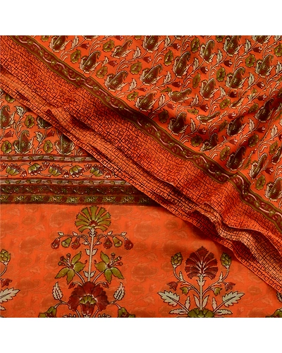 Sanskriti Vintage Orange Indian Sarees Chiffon Printed 5 Yd Sari Craft Fabric, PRG-1525-Orange-Printed Floral Design-Poly Chiffon-1