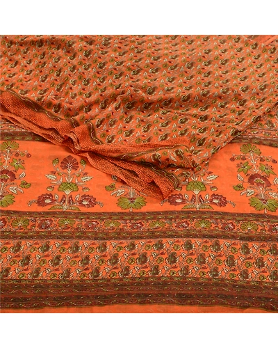 Sanskriti Vintage Orange Indian Sarees Chiffon Printed 5 Yd Sari Craft Fabric, PRG-1525-Orange-Printed Floral Design-Poly Chiffon-9