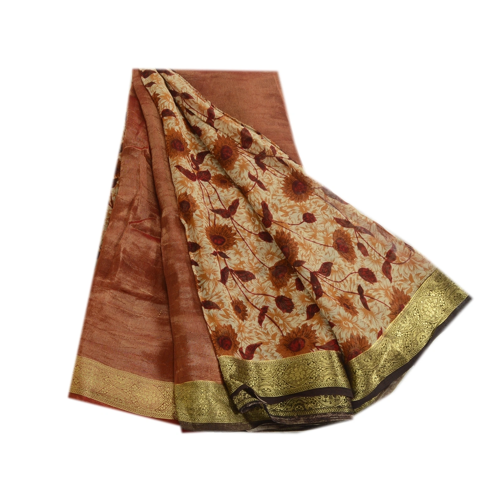 Sanskriti Vintage Brown Sarees Blend Georgette Printed Zari Work Sari 5Yd Fabric, PRG-1576-Brown-Printed Floral Design-Blend Georgette-2