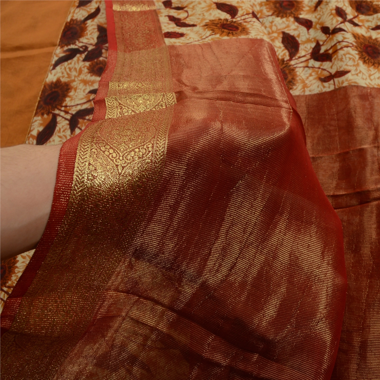 Sanskriti Vintage Brown Sarees Blend Georgette Printed Zari Work Sari 5Yd Fabric, PRG-1576-Brown-Printed Floral Design-Blend Georgette-4