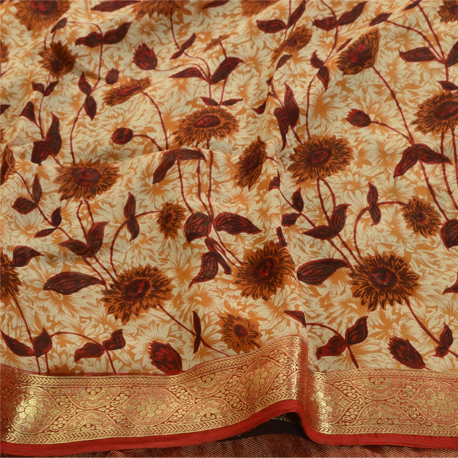 Sanskriti Vintage Brown Sarees Blend Georgette Printed Zari Work Sari 5Yd Fabric, PRG-1576-Brown-Printed Floral Design-Blend Georgette-6