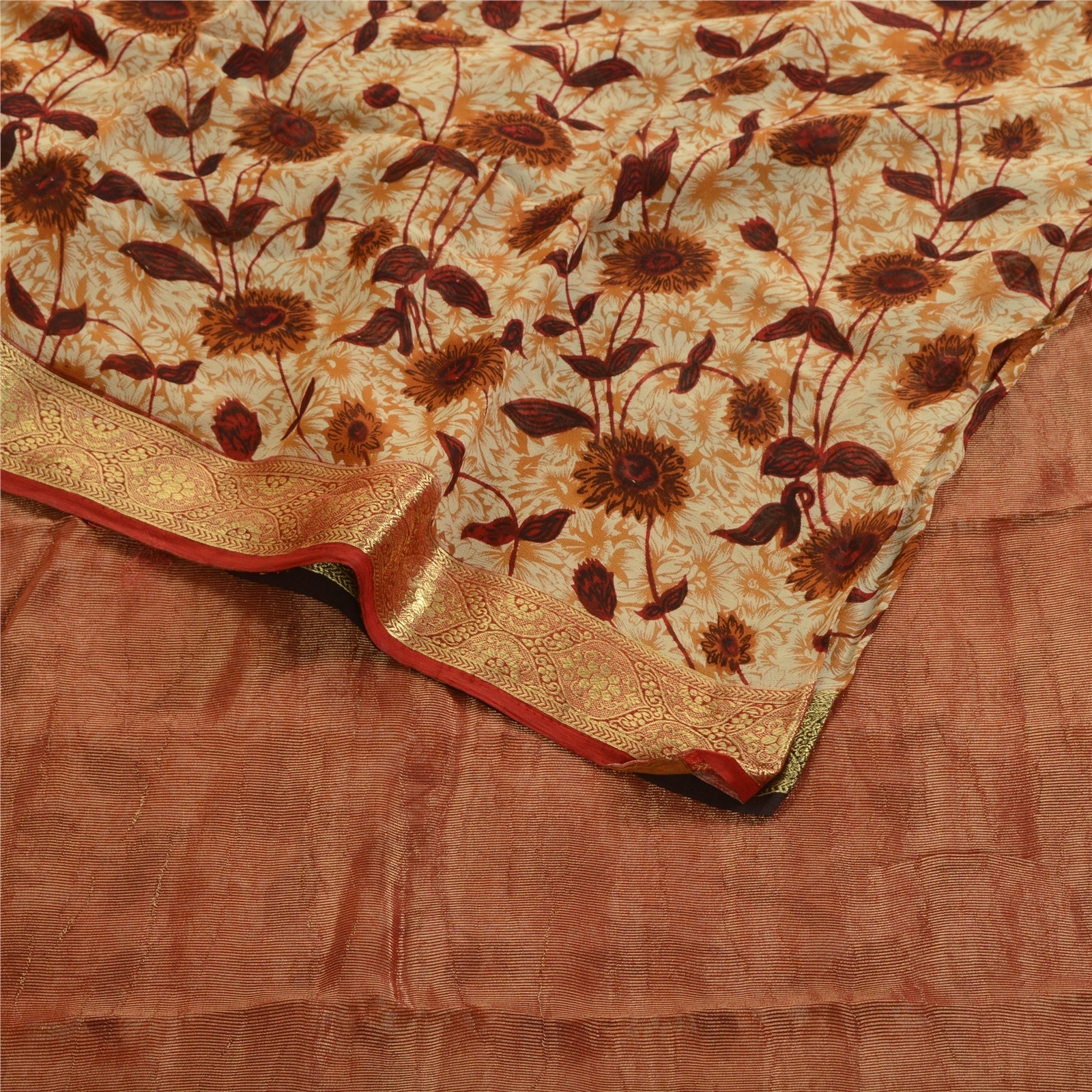 Sanskriti Vintage Brown Sarees Blend Georgette Printed Zari Work Sari 5Yd Fabric, PRG-1576-Brown-Printed Floral Design-Blend Georgette-7