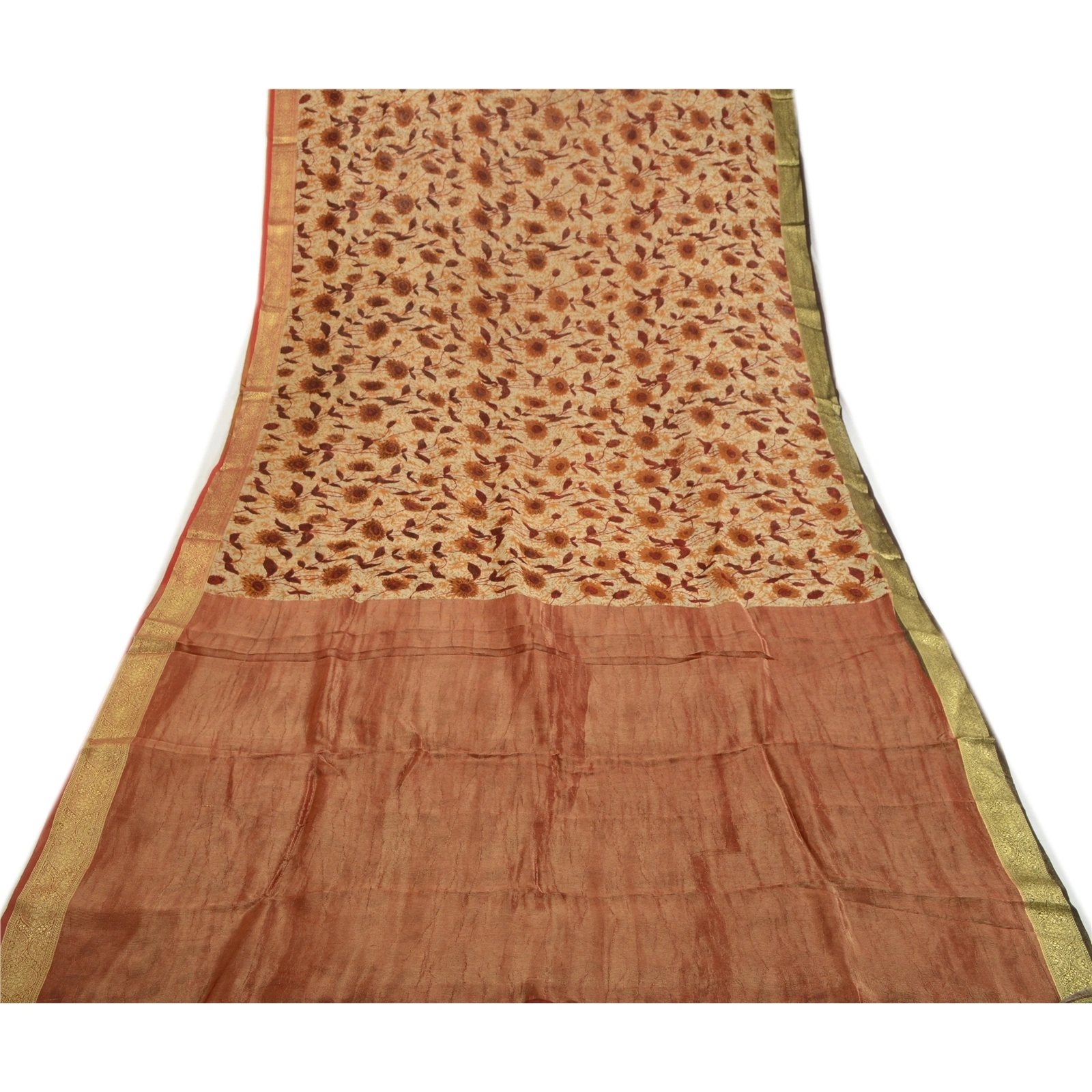 Sanskriti Vintage Brown Sarees Blend Georgette Printed Zari Work Sari 5Yd Fabric, PRG-1576-Brown-Printed Floral Design-Blend Georgette-8