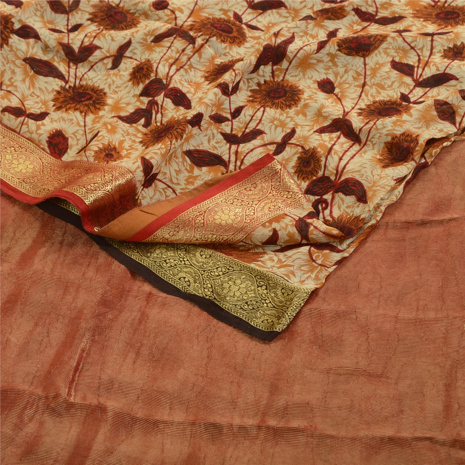 Sanskriti Vintage Brown Sarees Blend Georgette Printed Zari Work Sari 5Yd Fabric, PRG-1576-Brown-Printed Floral Design-Blend Georgette-9