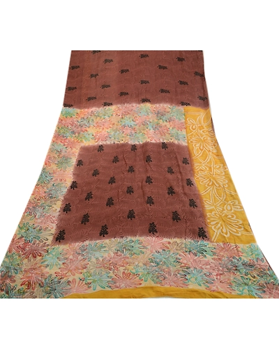 Sanskriti Vintage Sarees Brown Pure Georgette Silk Printed Sari 5Yd Craft Fabric, PRG-1659-Shades Of Brown-Printed Floral Design-Pure Georgette Silk-8