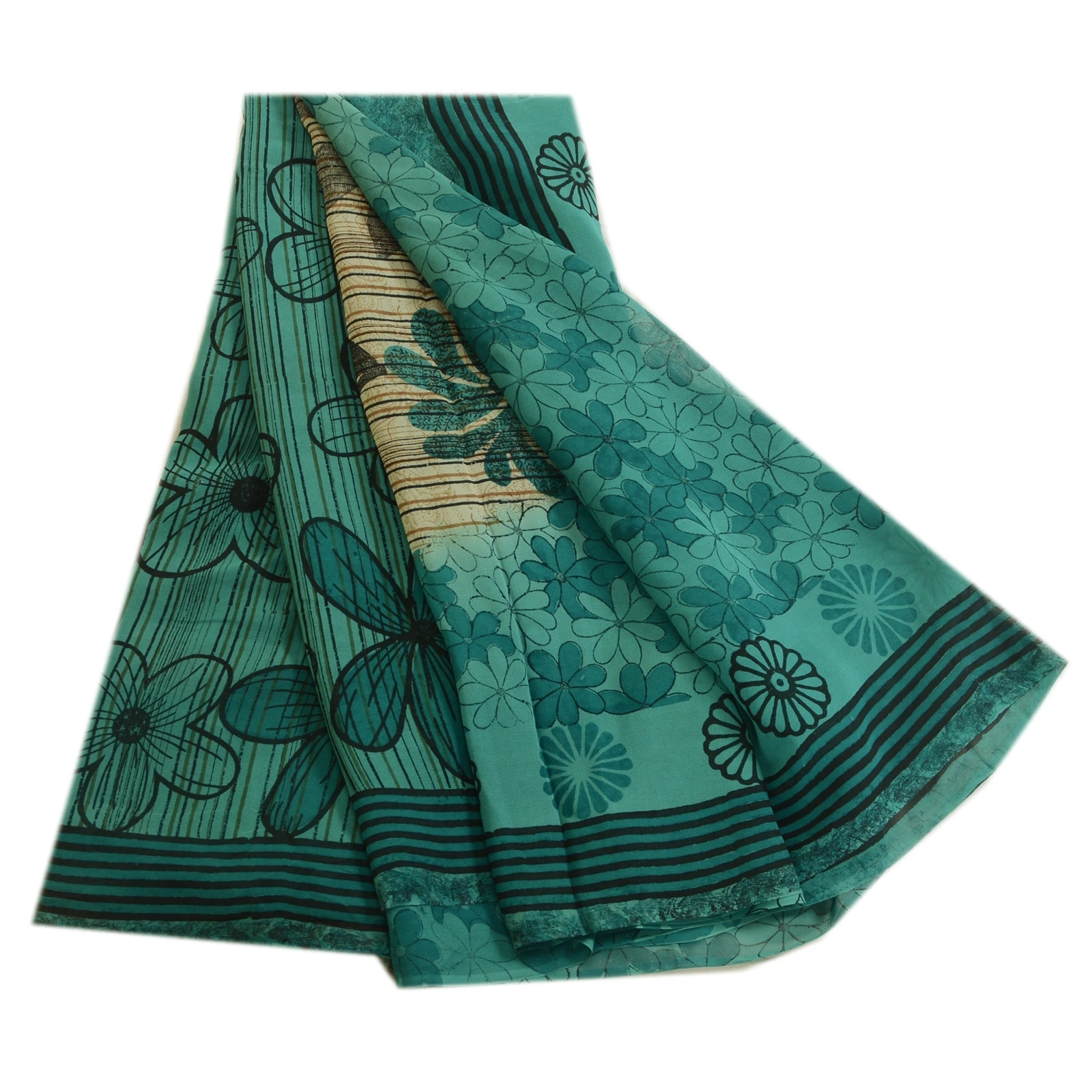 Sanskriti Vintage Green Pure Georgette Silk Sarees Printed Sari 5Yd Craft Fabric, PRG-1703-Green-Printed Floral Design-Pure Georgette Silk-7