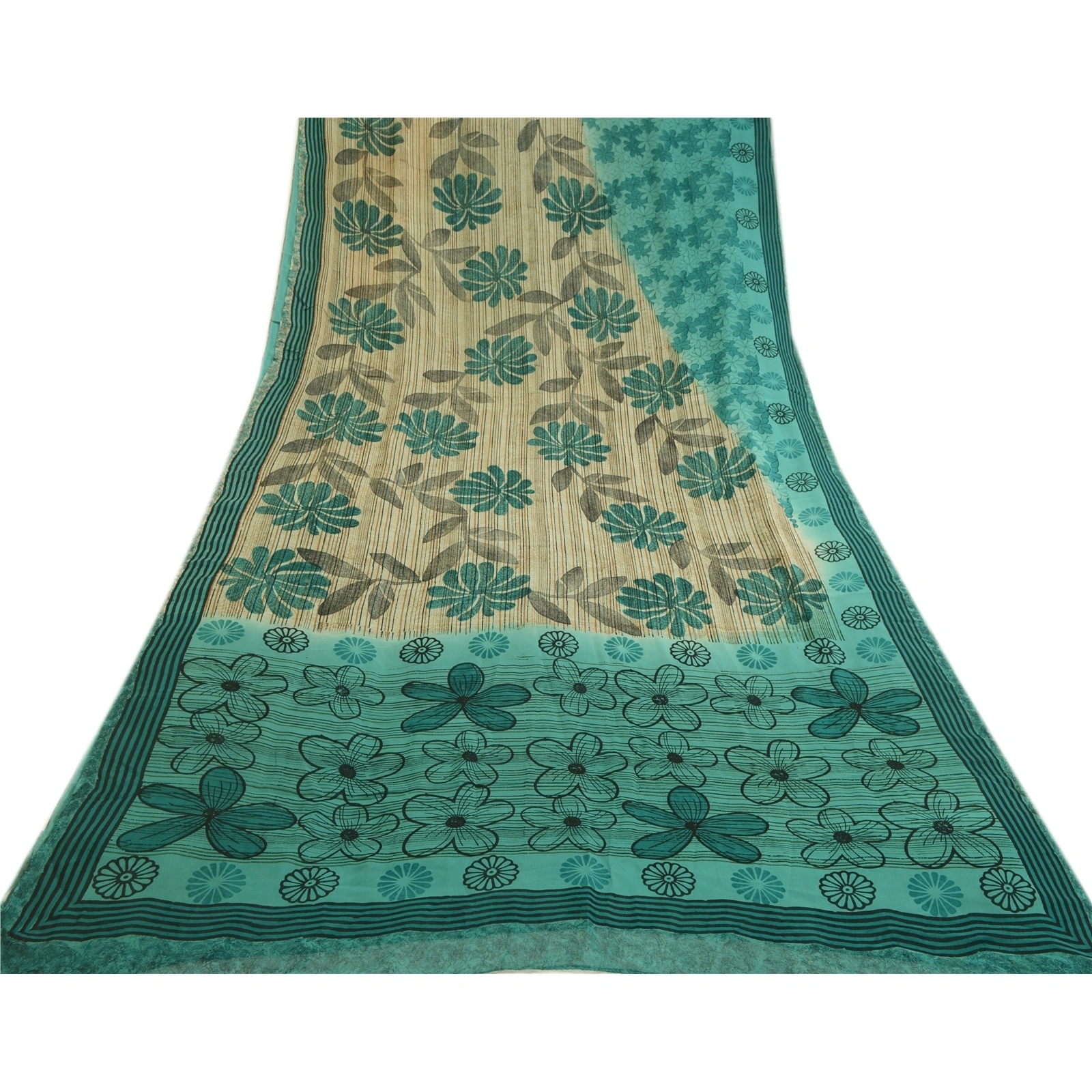 Sanskriti Vintage Green Pure Georgette Silk Sarees Printed Sari 5Yd Craft Fabric, PRG-1703-Green-Printed Floral Design-Pure Georgette Silk-8