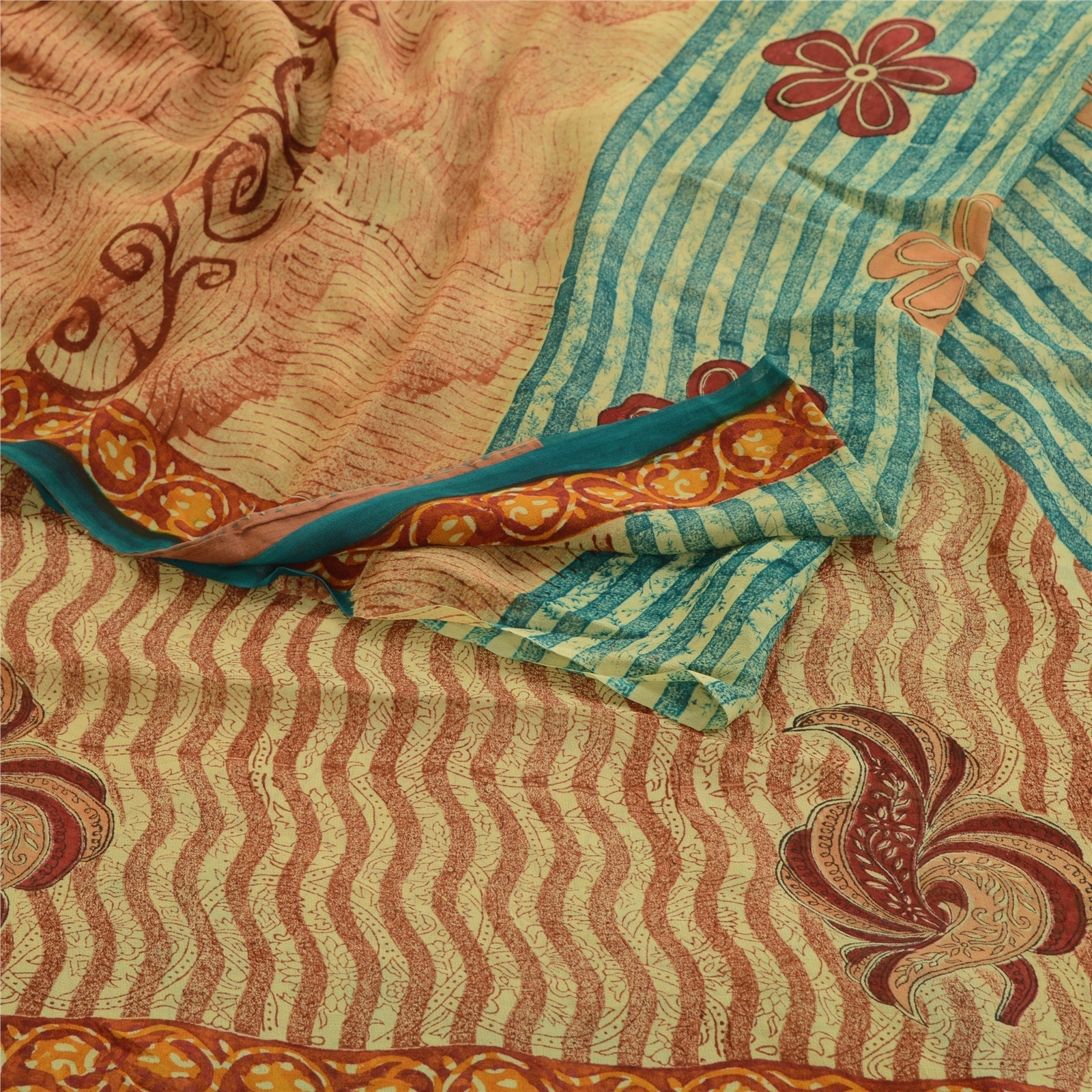 Sanskriti Vintage Cream Sarees Pure Georgette Silk Printed Sari Craft Fabric, PRG-1769-Cream-Printed Floral Design-Pure Georgette Silk-9