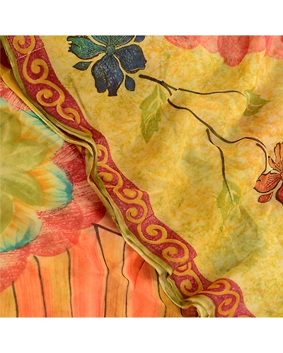 Sanskriti Vintage Green Sarees Pure Georgette Silk Printed Sari 5Yd Craft Fabric, PRG-1771-Green-Printed Floral Design-Pure Georgette Silk-1