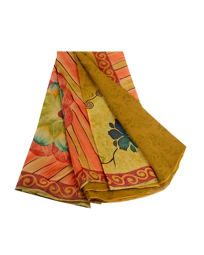 Sanskriti Vintage Green Sarees Pure Georgette Silk Printed Sari 5Yd Craft Fabric, PRG-1771-Green-Printed Floral Design-Pure Georgette Silk-2