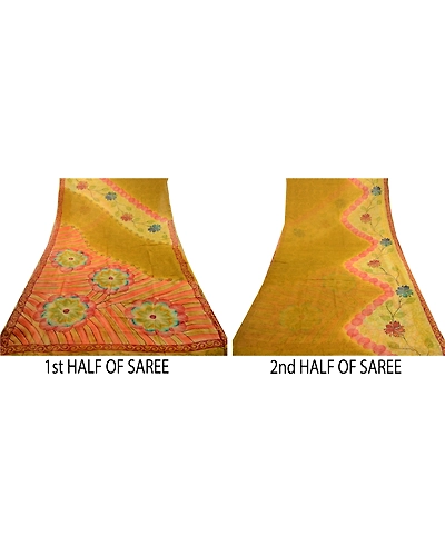 Sanskriti Vintage Green Sarees Pure Georgette Silk Printed Sari 5Yd Craft Fabric, PRG-1771-Green-Printed Floral Design-Pure Georgette Silk-5