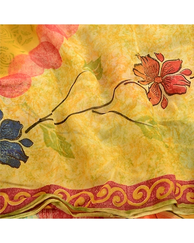 Sanskriti Vintage Green Sarees Pure Georgette Silk Printed Sari 5Yd Craft Fabric, PRG-1771-Green-Printed Floral Design-Pure Georgette Silk-6