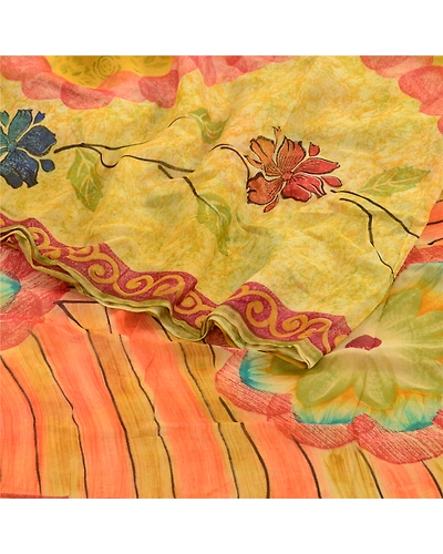 Sanskriti Vintage Green Sarees Pure Georgette Silk Printed Sari 5Yd Craft Fabric, PRG-1771-Green-Printed Floral Design-Pure Georgette Silk-7