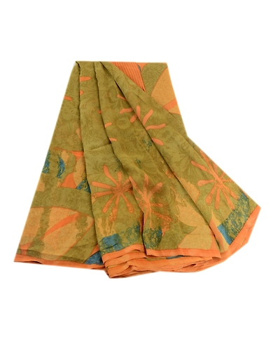 Sanskriti Vintage Pure Georgette Silk Sarees Green Printed Sari Craft 5Yd Fabric, PRG-1851-Green-Printed Floral Design-Pure Georgette Silk-2