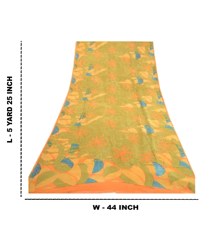 Sanskriti Vintage Pure Georgette Silk Sarees Green Printed Sari Craft 5Yd Fabric, PRG-1851-Green-Printed Floral Design-Pure Georgette Silk-3
