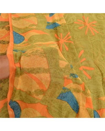 Sanskriti Vintage Pure Georgette Silk Sarees Green Printed Sari Craft 5Yd Fabric, PRG-1851-Green-Printed Floral Design-Pure Georgette Silk-4