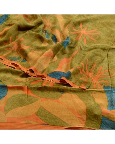Sanskriti Vintage Pure Georgette Silk Sarees Green Printed Sari Craft 5Yd Fabric, PRG-1851-Green-Printed Floral Design-Pure Georgette Silk-7