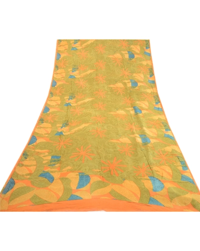 Sanskriti Vintage Pure Georgette Silk Sarees Green Printed Sari Craft 5Yd Fabric, PRG-1851-Green-Printed Floral Design-Pure Georgette Silk-8