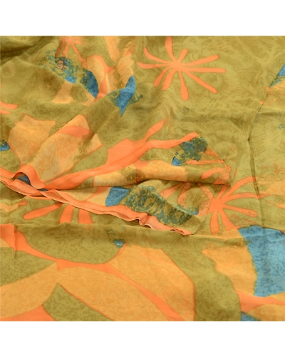 Sanskriti Vintage Pure Georgette Silk Sarees Green Printed Sari Craft 5Yd Fabric, PRG-1851-Green-Printed Floral Design-Pure Georgette Silk-9