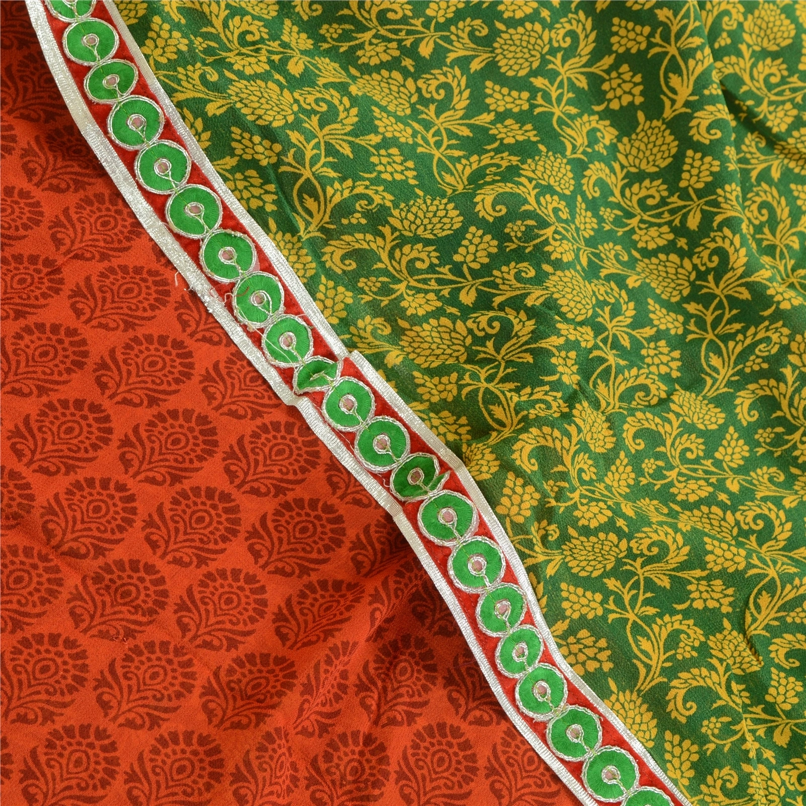 Sanskriti Vintage Sarees Orange Pure Georgette Silk Printed Sari Craft Fabric, PRG-1876-Orange-Printed Floral Design-Pure Georgette Silk-1