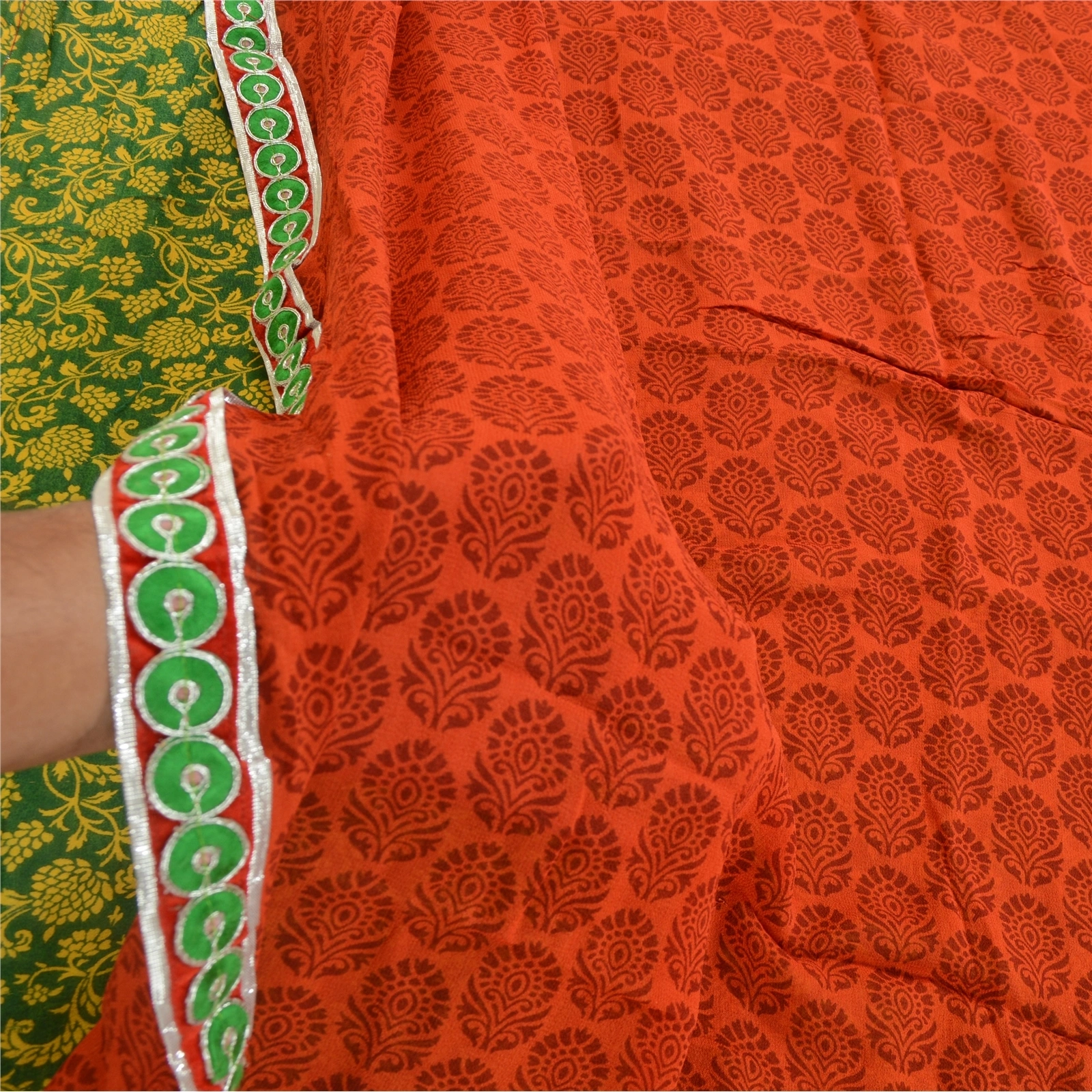 Sanskriti Vintage Sarees Orange Pure Georgette Silk Printed Sari Craft Fabric, PRG-1876-Orange-Printed Floral Design-Pure Georgette Silk-4