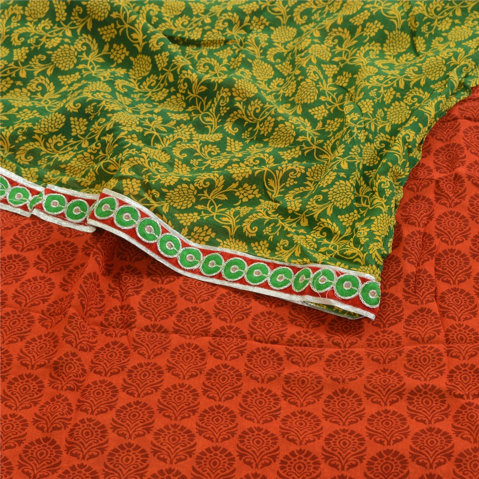 Sanskriti Vintage Sarees Orange Pure Georgette Silk Printed Sari Craft Fabric, PRG-1876-Orange-Printed Floral Design-Pure Georgette Silk-7