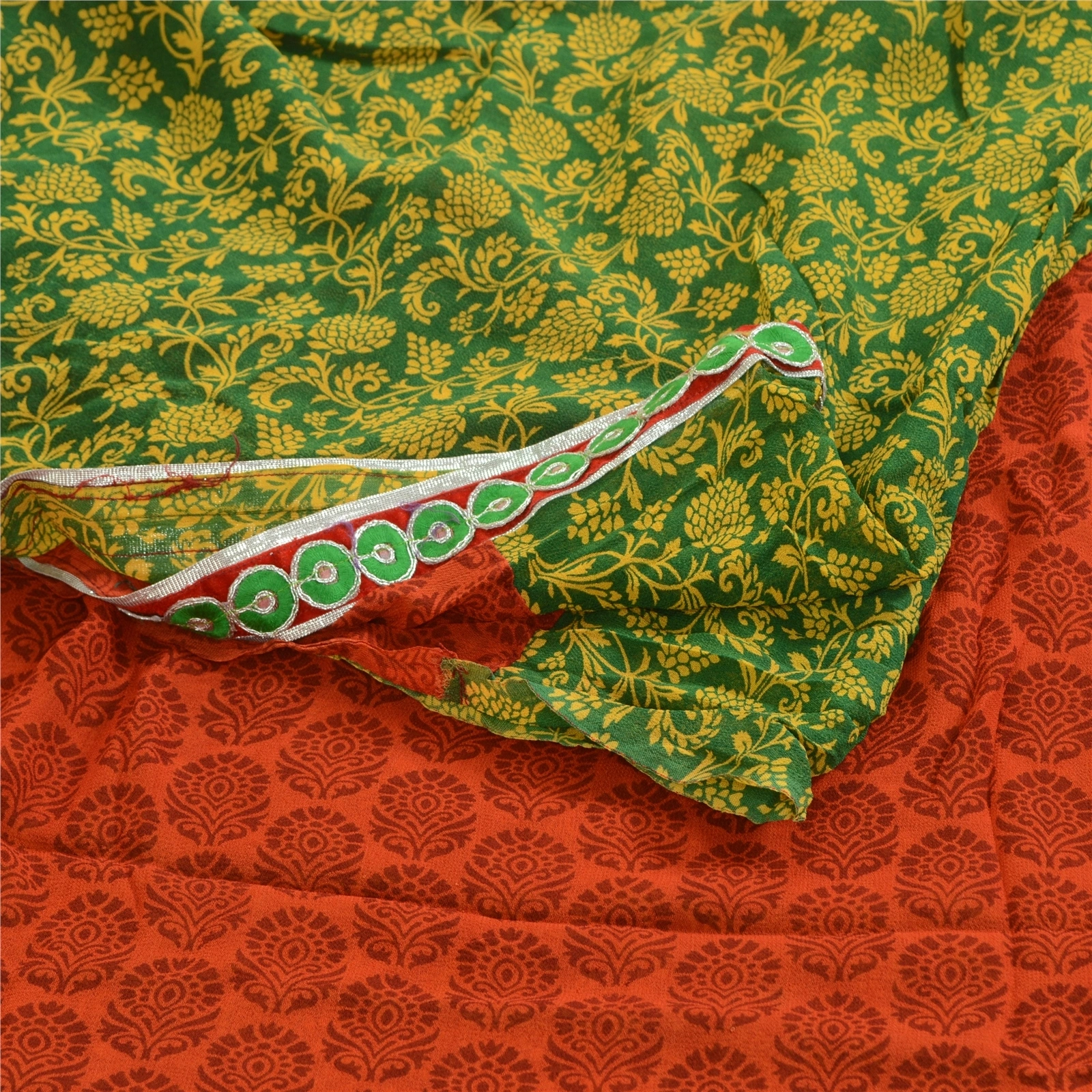 Sanskriti Vintage Sarees Orange Pure Georgette Silk Printed Sari Craft Fabric, PRG-1876-Orange-Printed Floral Design-Pure Georgette Silk-9