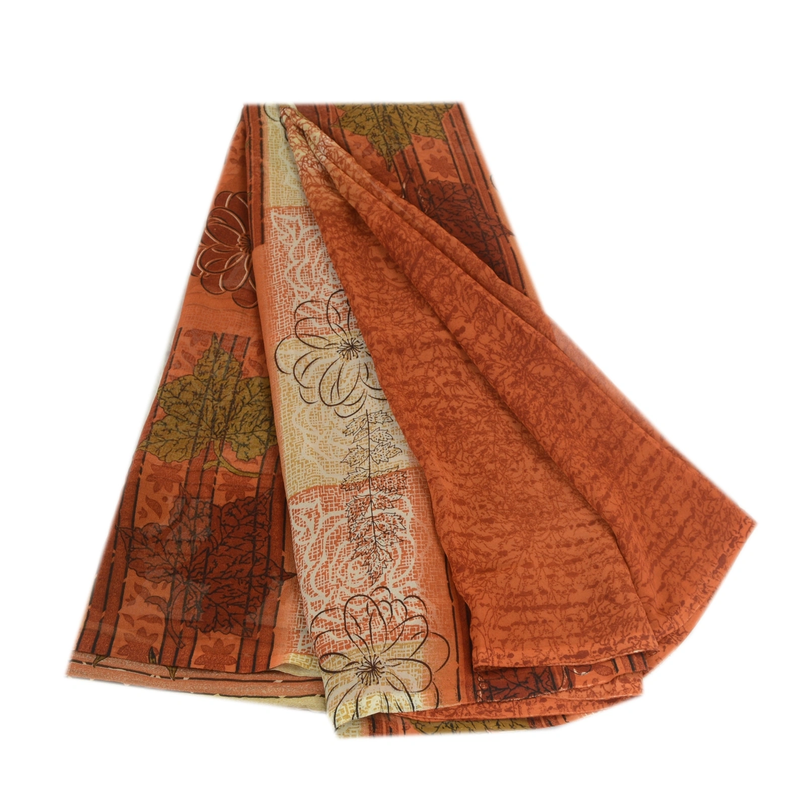 Sanskriti Vintage Sarees Indian Orange Georgette Sari Printed Soft Craft Fabric, PRG-1979-Orange-Printed Floral Design-Poly Georgette-2