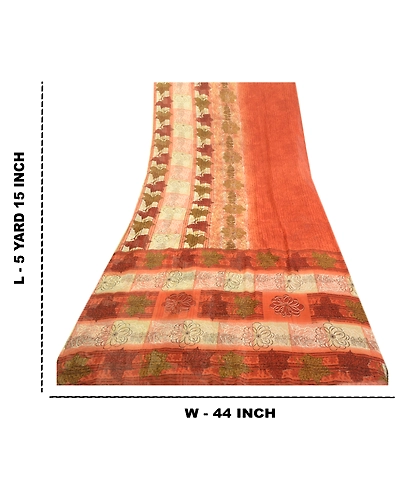 Sanskriti Vintage Sarees Indian Orange Georgette Sari Printed Soft Craft Fabric, PRG-1979-Orange-Printed Floral Design-Poly Georgette-3