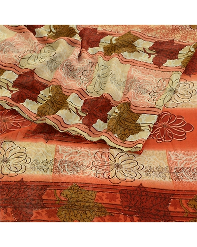 Sanskriti Vintage Sarees Indian Orange Georgette Sari Printed Soft Craft Fabric, PRG-1979-Orange-Printed Floral Design-Poly Georgette-7