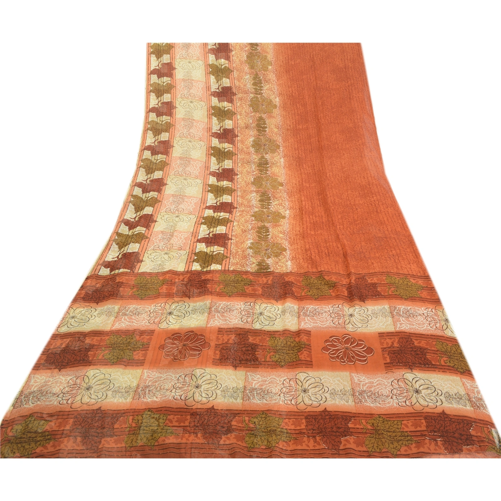 Sanskriti Vintage Sarees Indian Orange Georgette Sari Printed Soft Craft Fabric, PRG-1979-Orange-Printed Floral Design-Poly Georgette-8