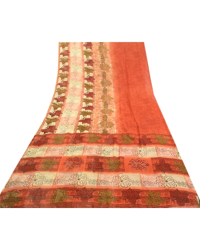 Sanskriti Vintage Sarees Indian Orange Georgette Sari Printed Soft Craft Fabric, PRG-1979-Orange-Printed Floral Design-Poly Georgette-8