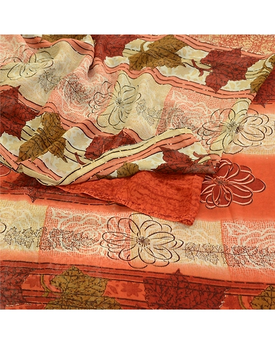 Sanskriti Vintage Sarees Indian Orange Georgette Sari Printed Soft Craft Fabric, PRG-1979-Orange-Printed Floral Design-Poly Georgette-9